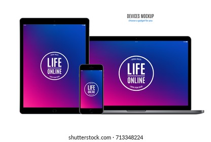 smartphone, tablet and laptop set black color with multicolored screen saver isolated on white background. realistic and detailed devices mockup. stock vector illustration