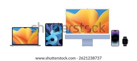 smartphone, tablet and laptop set black color with colorful screen saver isolated on white background. realistic and detailed devices mockup. stock vector illustration