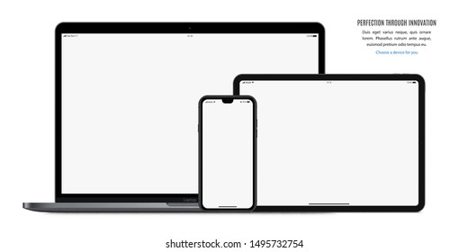 смартфон, планшет и ноутбук с пустой заставкой, изолированной на белом фоне. реалистичный и подробный макет устройства. стоковая векторная иллюстрация