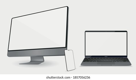 smartphone, tablet y laptop con salvapantallas en blanco aislado en fondo blanco. simulación de dispositivos realistas y detallados. ilustración vectorial de stock