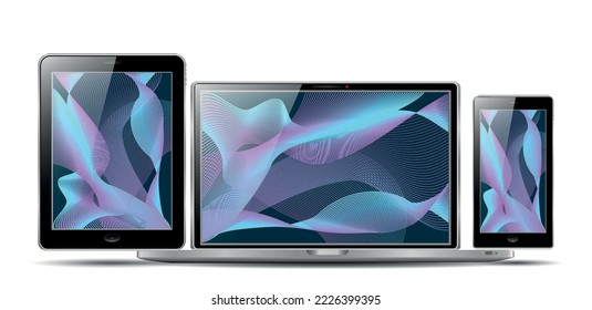 smartphone, tablet and laptop set with blank screen saver isolated on white background. realistic and detailed devices mockup. stock vector illustration