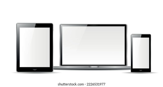 smartphone, tablet and laptop set with blank screen saver isolated on white background. realistic and detailed devices mockup. stock vector illustration