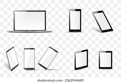 smartphone, tablet and laptop set with blank screen saver isolated on white background. realistic and detailed devices mockup. stock vector illustration