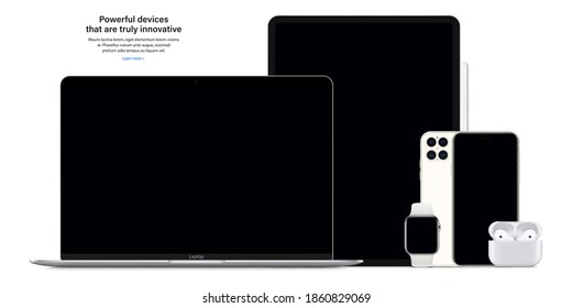 smartphone, tablet, laptop, smartwatch, headphones and stylus with black screen saver isolated on white background. realistic and detailed gadgets and devices mockup. stock vector illustration