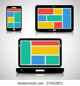 Smartphone, tablet and laptop with tiled style graphic user interface