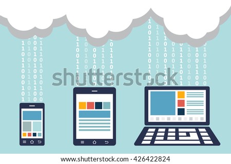 smartphone , tablet and laptop were connected to cloud server ( transfer data )( binary number system ( 1 - 0 ))( technology and modern device concept )( flat design )