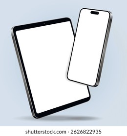 Smartphone com maquete tablet com telas em branco enquanto levita no ar em um fundo azul
