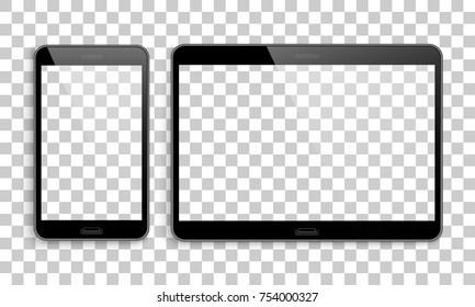 Smartphone, tablet mockup, transparent background. Pair of modern electronic devices for calls, the Internet and information exchange. Vector illustration isolated
