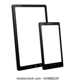 Smartphone and tablet on white background. Isolated with touchscreen. Cell phones mockup design. 