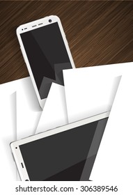 Smartphone and tablet on wooden table with paper  vector illustration