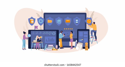 Smartphone, tablet, PC - big agile organizer with people working on it and analyzing process of software development and achievements isolated on white background in flat vector illustration.