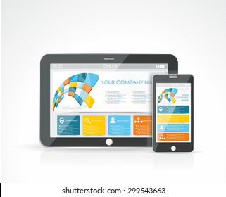 Smartphone and a Tablet PC with a responsive design website, vector illustration.