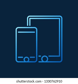 Smartphone with tablet vector blue outline icon or symbol on dark background