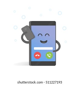 Smartphone talking on cell concept. Cute cartoon character phone with hands, eyes and smile.