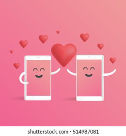 Smartphone talking on cell concept. Cute cartoon character phone with hands, eyes and smile.