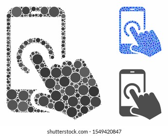 Smartphone tap mosaic of small circles in variable sizes and color tones, based on smartphone tap icon. Vector small circles are grouped into blue mosaic.