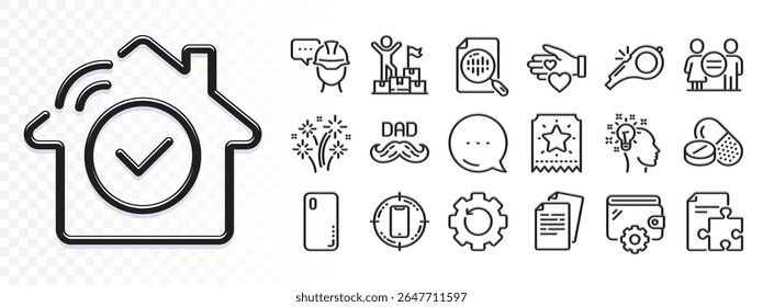 Destino Smartphone, capa Smartphone e ícones de linha Estratégia para aplicativo Web. Reflexo de efeito de luz. Ícone Mensagem. Pacote de Carteira, Segurança da casa, Ícones pictograma de tíquete de fidelidade. Vetor