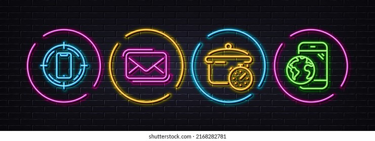 Smartphone target, Messenger mail and Boiling pan minimal line icons. Neon laser 3d lights. Mobile internet icons. For web, application, printing. Phone, New e-mail, Cooking timer. Vector