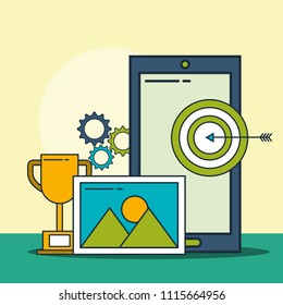 smartphone target trophy and picture digital marketing