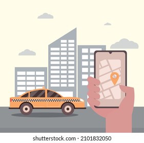 smartphone with taxi application, hand with device