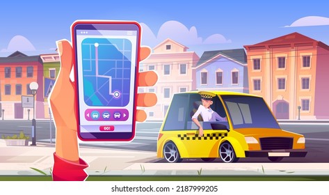 Smartphone with taxi mobile app in hand, yellow cab on road. Cartoon vector illustration of person holding gadget with map on screen, calling car for trip around city. Driver smiling at passenger