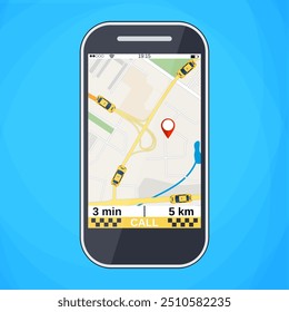 Smartphone with taxi service application on a screen. Taxi ordering interface. vector illustration in flat design