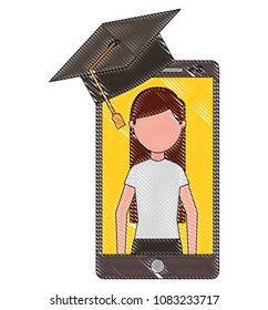 smartphone with teacher woman on screen graduation hat