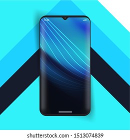 Smartphone With Teardrop Notch Mockup, Modern Blue Dynamic Wallpaper Background Template For Phone