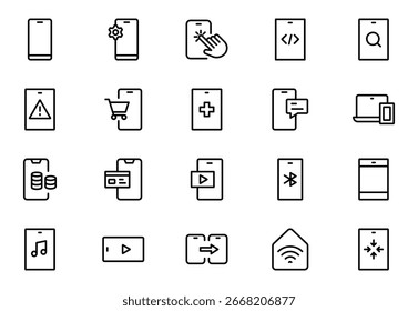 Symbolsatz für Smartphone und Technologielinie. Symbole für Smartphone-Geräte für modernes UI-Design. Paket mit dünnen Gliederungssymbolen. Vektorgrafik. editierbarer Strich