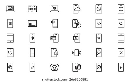 Smartphone And Technolgy  line Icon Set. Smartphone Device Icons for Modern UI Design. Thin outline icons pack. Vector illustration. editable stroke