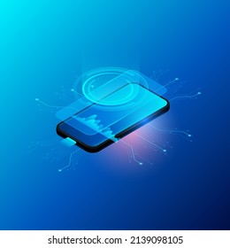 smartphone technological and digital future. mobile phone in isometric illustration. vector, realistic 3d illustration using gradient.