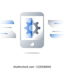 Smartphone technology, app development, upgrade installing, device software, mobile operation system innovation, repair services, cogwheel on display, scanning program, vector icon, flat illustration