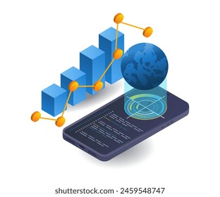 Ilustración isométrica plana 3D del análisis de negocios de la tecnología del teléfono inteligente