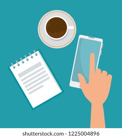 smartphone technology with coffee cup and note