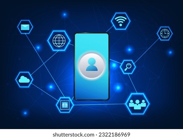 Smartphone-Technologie verbunden mit dem Internet mit Technologie-Icons Smartphones, die personenbezogene Daten über das Internet verwenden Es ist gesicherte Informationen. verwendet wird, um Informationen abzurufen