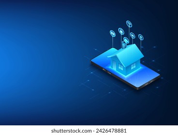 Smartphone technology connected to the system Internet of Things within the home to be able to control the operation of electronic devices, mobile phones at the screen House with icons, isometric 