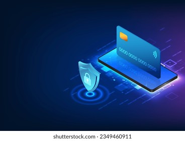 Smartphone technology with credit card placed on top of mobile screen Equipped with a shield with a lock on the front Smartphone technology that has a system to prevent theft of financial information