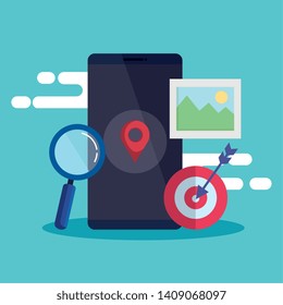 smartphone technology with location sign and magnifying glass