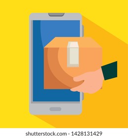 smartphone technology and man hand with box package