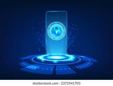 Smartphone technology Mobile phone on technology circle with screen and lock. Mobile security system. Prevent data theft and loss.