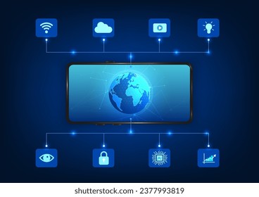 Smartphone technology, Mobile phone screen with globe with connected technology icons. Refers to telephone technology that connects information from the internet to access the world of technology.
