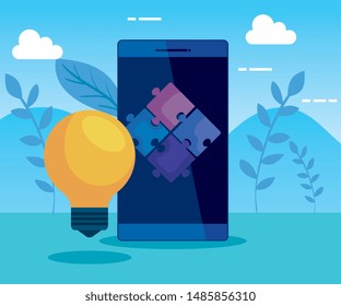 smartphone technology with puzzles and bulb idea