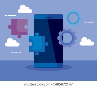 smartphone technology with puzzles and gears with clouds
