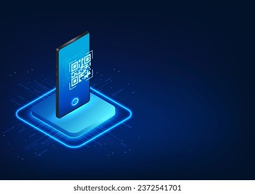 Smartphone technology scanning QR code Mobile phone with QR screen in isometric view Shows payment or access to data via phone scan