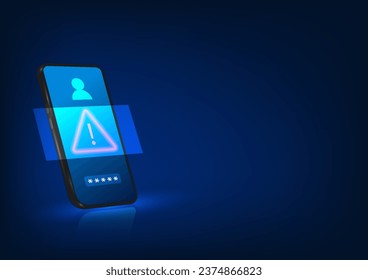 Tecnología Smartphone La pantalla del teléfono móvil codificado tiene un símbolo de alerta, que indica que el sistema de seguridad del teléfono ha robado información financiera.