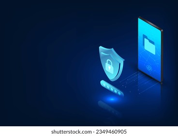 Smartphone technology The screen has a phone data file along with a shield and a lock. Refers to the technology inside the mobile phone, there is a system to prevent data from being stolen and los