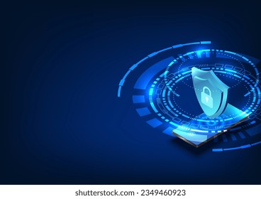 Smartphone technology with a shield and a lock with a technology circle around it. Refers to the technology inside the mobile phone, there is a system to prevent data from being stolen and lost.