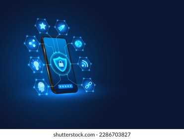 Smartphone technology with a shield on the front Mobile phones have privacy protection technology or data destruction attacks. It is a deterrent from losing or corrupting data.