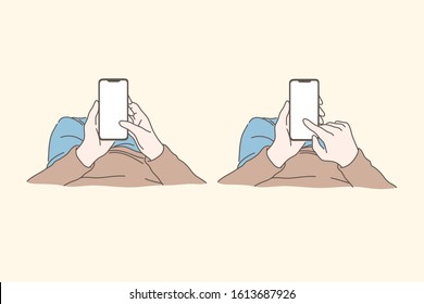 smartphone, technology, social media, addiction, communication set. Freelancer uses phone for work. Technologies is our future. Communication online. Guy addicted to social media. Simple flat vector