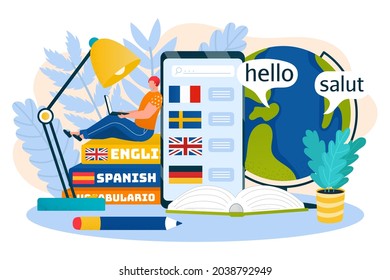 Smartphone technology for study language online, vector illustration, flat man character sit at books, internet education for foreign communication